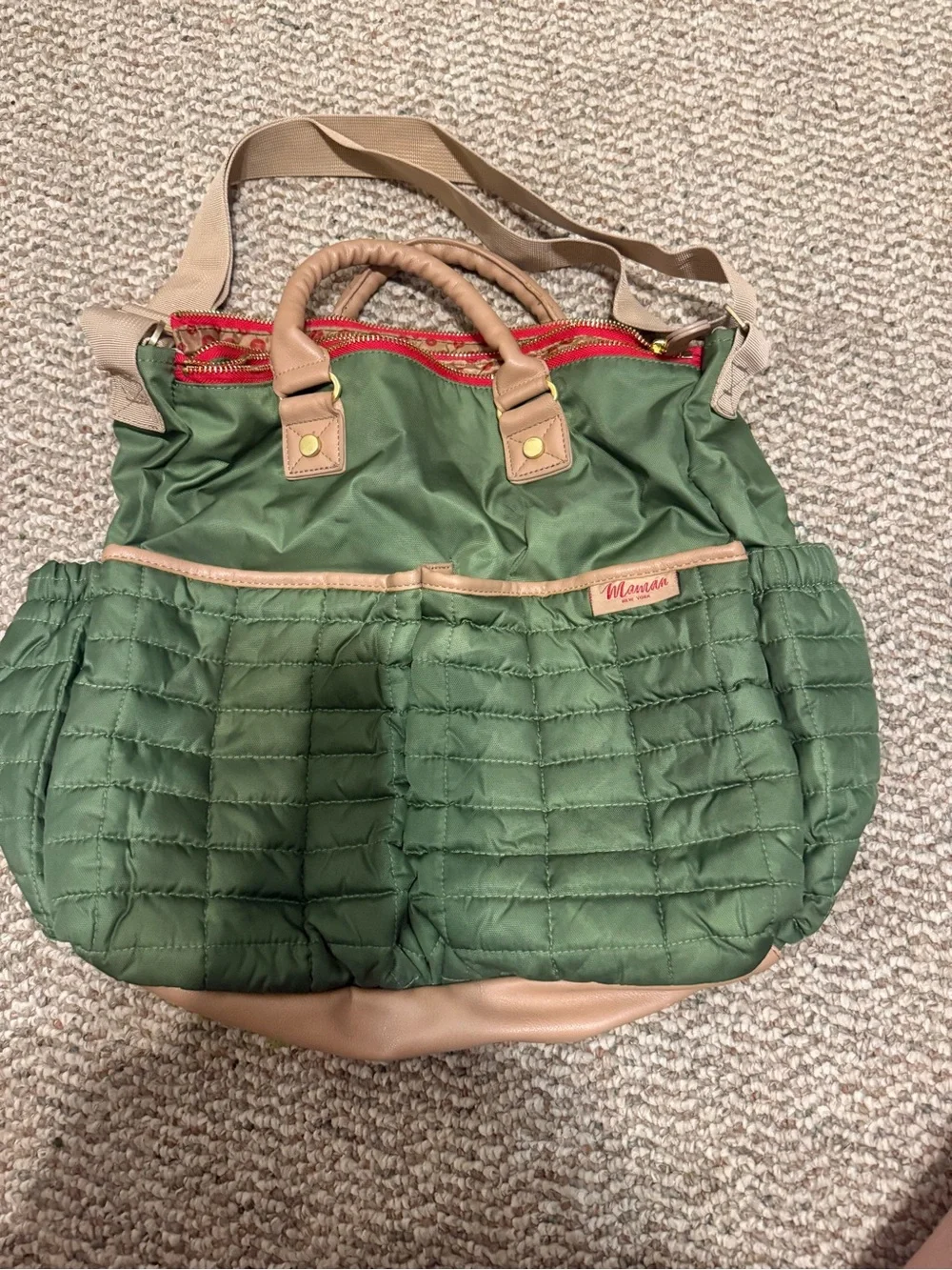 Green Quilted Diaper Bag with Tan Trim